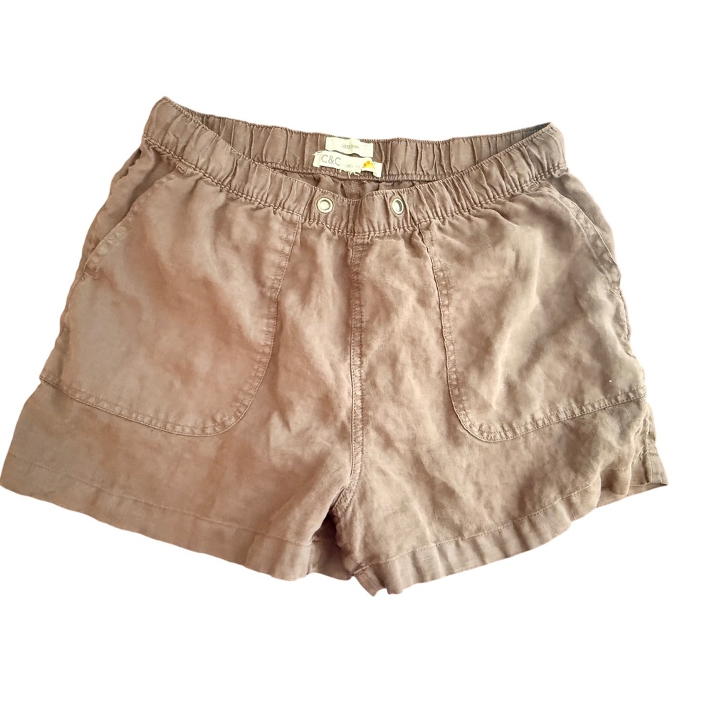 C&C California Womens 100% Linen Elastic Waist Patch Pocket Shorts Brown